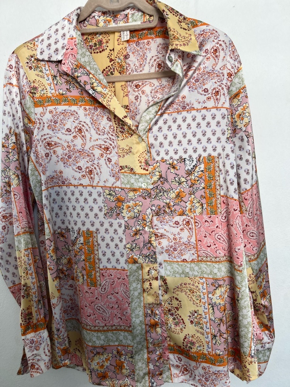 Women's Floral Patchwork Button-Up Blouse - Pink/Yellow